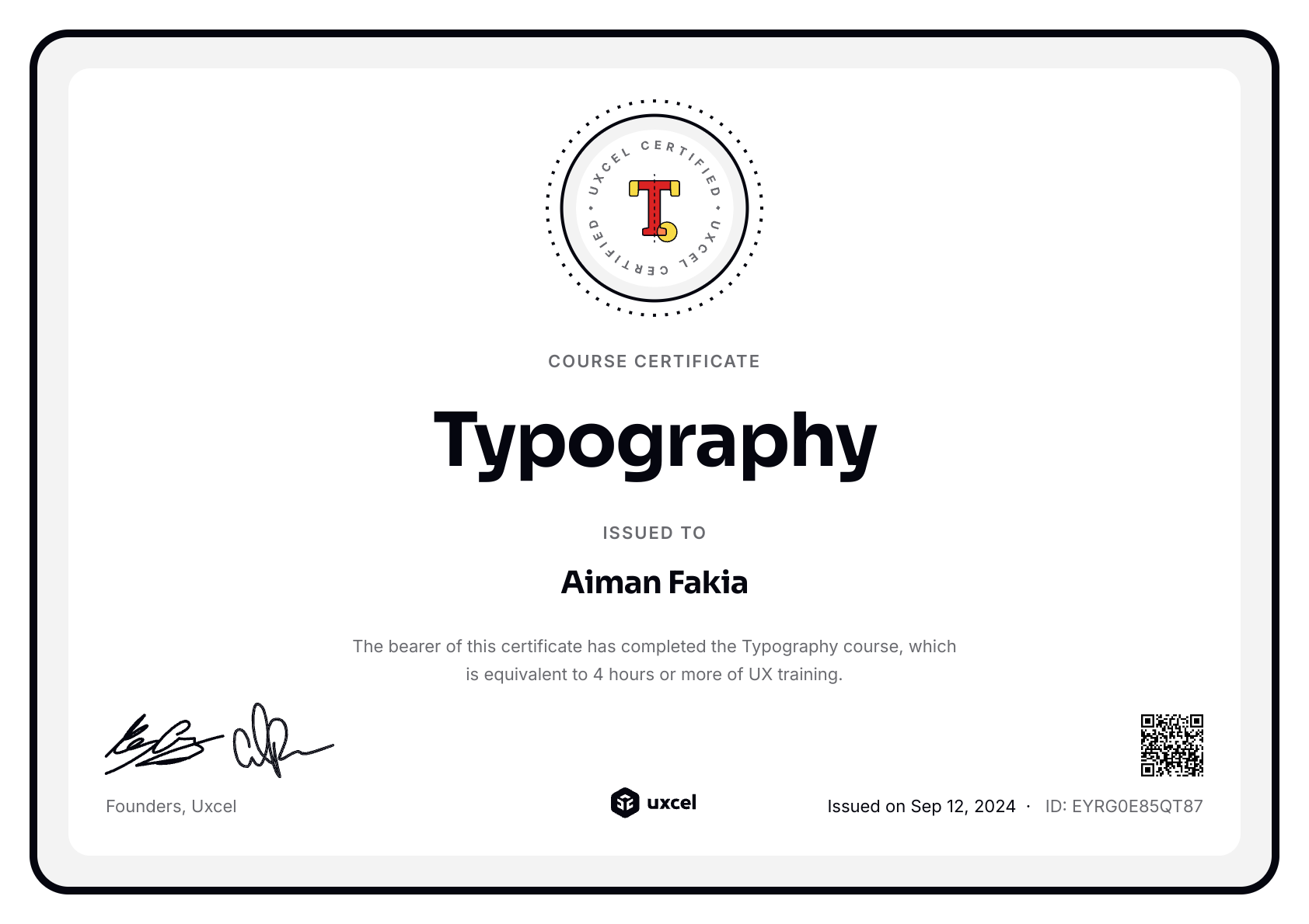 Aiman Fakia's certificate
